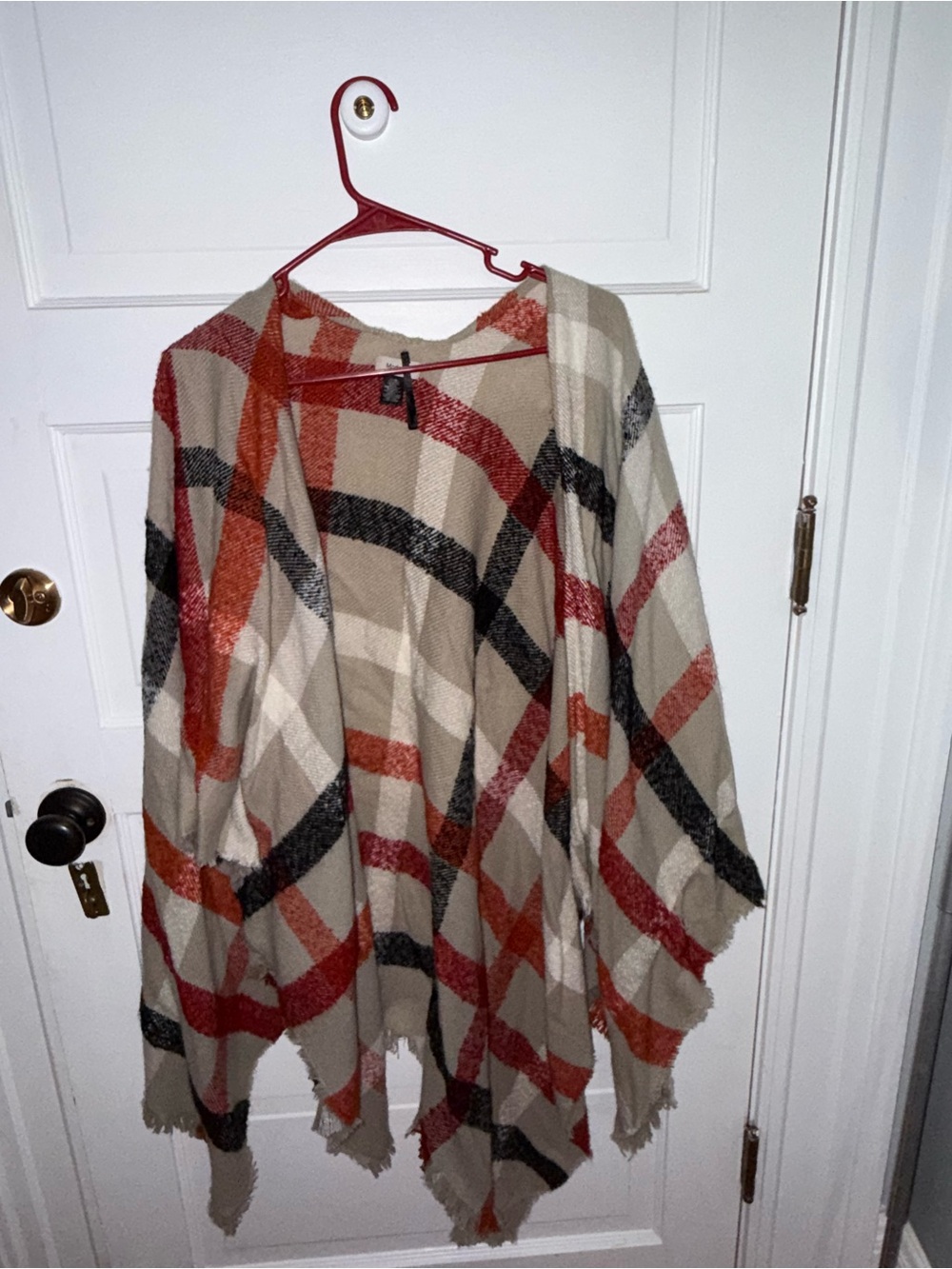 Others Follow Plaid Fringe Open-Front Poncho - Cream, Rust & Black